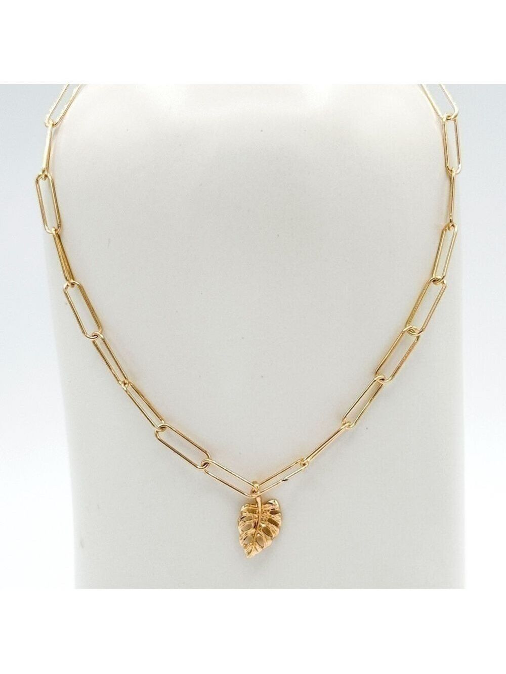 Gold filled paperclip chain and monstera leaf pendant